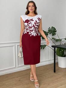 Reflora Gaun Musim Panas Wanita Ukuran Besar, Gaun Mini Bodycon Bermotif, Gaun Pas Badan yang Elegan - Burgundy - View 4