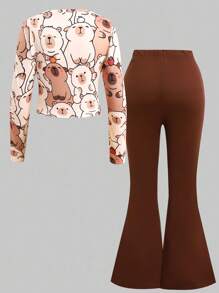 SHEIN 青少年女孩宽松休闲舒适圆领卡通印花T恤和喇叭裤套装 - 卡其色 - 查看 2