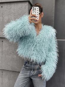 SHEIN ICON Women's Light Green Elegant Party Dress Versatile Faux Fur Coat In Fall/Winter - Mint Green - View 8