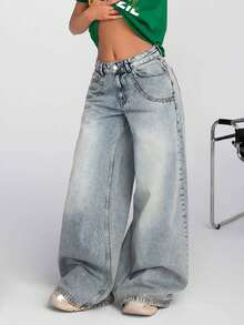 EURMUSE 低腰复古水洗斜口袋阔腿牛仔裤 - 中等水洗藍 - 查看 4