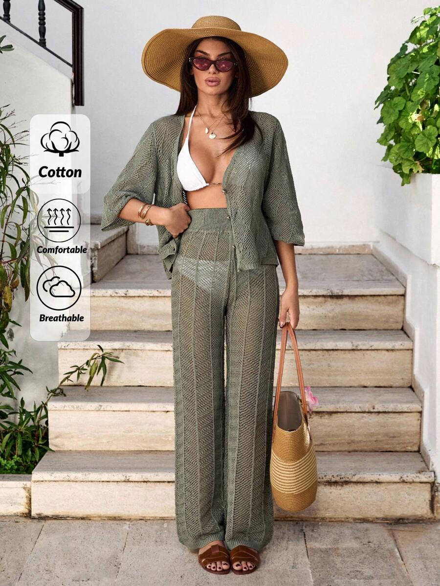 SHEIN Tall 女式高腰两件套钩针沙滩装套装 - 短袖纽扣上衣和高腰半身裙