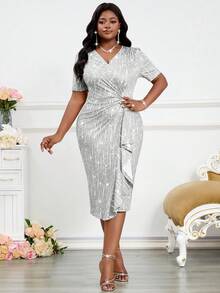 Fleurora 2025 New Plus Size Women Spring And Summer Elegant Silver Elegant Retro Work Wedding Reception Valentine's Day New Year's Party Knitted Depp V Neck Rhinestone Ruffle New Arrival Slim Dress Plus Size Dress Formal Prom Dress  Dresses For Women Elegant Party Dress Long Party Dress Halloween Wedding Guest Dress For Women Elegant Dresses For Party National Day Dress Shiny Dress Plus Size Party Outfit Women Party Outfit Plus Size Silver Dress Curve Birthday Outfit Dinner Outfits For Women  Long Summer Dress For Women - Silver - View 3