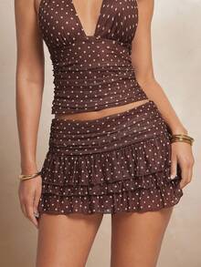 L'Amorae Women's Brown Polka Dot Ruffle Mini Skirt Co Ord Y2k Vintage Skirt Vacation, Party
