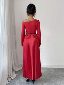 Rafferiza 优雅红色斜领针织长袖连衣裙，搭配红色褶皱长裙和黑色精致腰带，简约纯色女式长裙，秋冬 - 紅色 - 查看 2