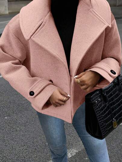 EMERY ROSE Women's Oversized Collar Decorated Button Long Sleeve Overcoat