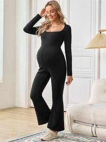 SHEIN Maternity Solid Color Square Neck Long Sleeve Flare Jumpsuit - Black - View 5