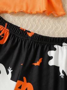 Conjunto de pijama de 2 piezas con camiseta de tirantes con gráfico minimalista de fantasma de Halloween y shorts para niña preadolescente, pijamas de Halloween de vuelta a la escuela - Naranja - Ver 6