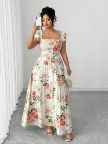 Elenzga 大码女式复古法式花卉印花荷叶边袖方领束腰长裙，适合度假和约会穿着 - 彩色 - 查看 5