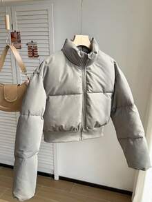 Teen Girls' Short Zip-Up High Collar Padded Coat, Casual Commuter Wear, Autumn/Winter Fall - Grey - View 3