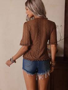 LanaWest 女士针织提花蕾丝纹理短袖T恤 - 咖啡棕 - 查看 2