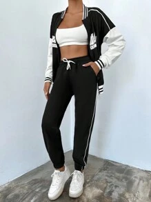 EURMUSE 字母圖案落肩袖飛行員夾克&腰部抽繩衛褲