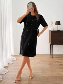 EURMUSE Vestido corto sudadera con detalles de bordado de strass para mujer - Negro - Ver 5