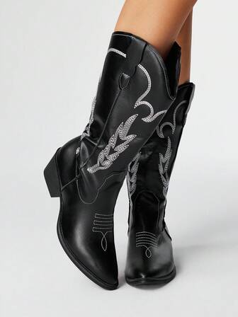 Fairycore Women's Black Pointed Toe Low Heel Western Boots, Slip-On Riding Tall Boots, College Style Knee-High Boots, Embroidery V-Cut Slip-On Leather Boots, Mid-Calf Boots