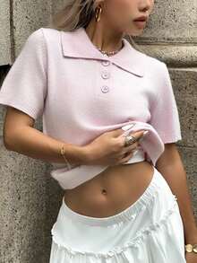 INAWLY Women's Solid Color Polo Collar Loose Casual Knit Top - Pink - View 3