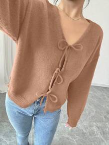 Selianne Áo cánh dài tay buộc dây phía trước màu trơn dành cho nữ, thiết kế đơn giản để mặc hàng ngày, áo khoác cardigan dáng ngắn màu đen, áo khoác cardigan nơ cho bé gái, áo khoác cardigan dáng ngắn màu đen - màu nâu - Xem 6