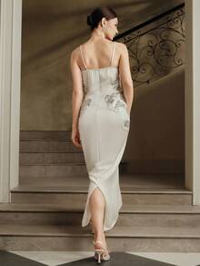 Anewsta 女士时尚性感细肩带露背铆钉串珠优雅派对连衣裙 - 白色 - 查看 2