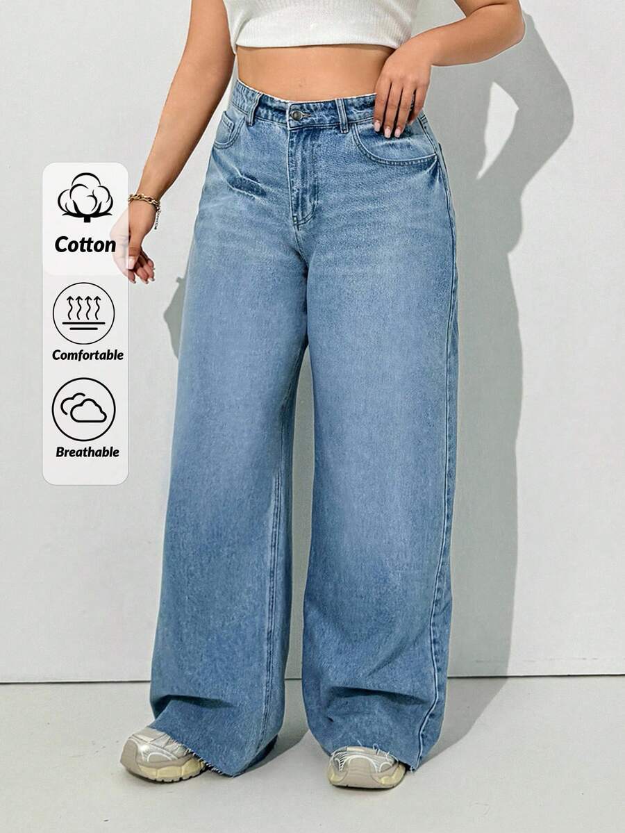 RueChic Plus, Wash Detailed Frayed Hem Wideleg Jean - Medium Wash - View 1