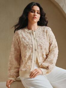 Anewsta 大码女式秋季二合一3D蕾丝花卉长袖单排扣针织开衫 - 粉色 - 查看 5