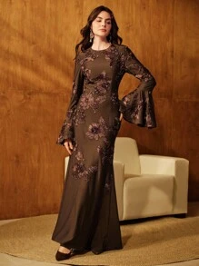 Anewsta 浪漫优雅腰部收腰刺绣花朵喇叭袖连衣裙 - 咖啡 - 查看 4