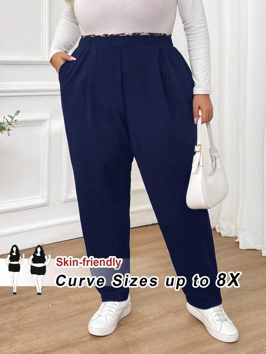 SHEIN CURVE+ Plus Size Women's Autumn And Winter Fashion Casual Comfortable Leopard Print Stitching Elastic Waist Pocket Black Pants,Women Bottom,Fall Women Clothes,Work Pants,Teacher Clothes,Curv Pants,Office Wear,Business Casual Women - Navy Blue - View 1