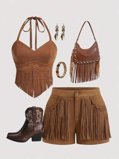SHEIN MOD Plus Size Women Vintage Brown Fringe Low-Rise Shorts: Western Boho Vibes For Bea.Ch Holidays, Dates, Picnics & Party. Fringe Shorts Western Shorts Women. Brown Fringe Shorts. Suede Fringe Shorts,Halloween Outfits