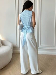 Firerie Women's New Elegant Blue And White Striped Sleeveless Round Neck Blouse With Metal Decor, Casual Office Wear, Autumn/Winter, Commuting, Elegant, Layering For Fall - Blue - View 3