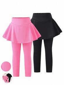 SHEIN Playful Pals 2件套女童芭蕾舞风格纯色裙子和打底裤套装，打底裤配裙子，女童打底裤套装，喇叭打底裤，带裙摆打底裤，少女荷叶边打底裤，黑色/紫红色打底裤，4-7岁喇叭裤套装，2件套女童裤子和上衣，秋冬季 - 彩色 - 查看 7