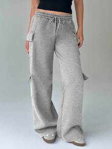 FavEase 女式抽绳腰部口袋阔腿慢跑裤，灰色，休闲街头风格，秋季 - 灰色 - 查看 5