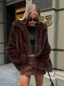 Aloruh 女式复古时尚前开仿毛领夹克，冬季外套 - 巧克力棕 - 查看 1