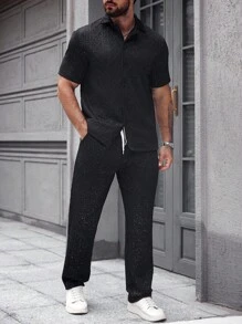 Manfinity Homme Men's Fashion Rhinestone Embellished Shirt And Pants Set,Black,Summer,Casual,City Break Two Pieces Co-Ord Jumpsuit Sweatsuit - Black - View 1