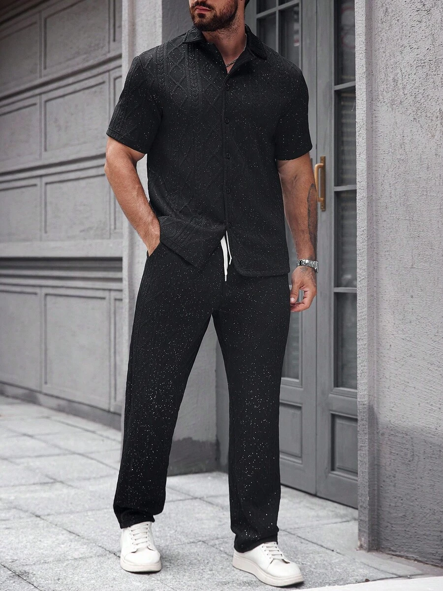 Manfinity Homme Men's Fashion Rhinestone Embellished Shirt And Pants Set,Black,Summer,Casual,City Break Two Pieces Co-Ord Jumpsuit Sweatsuit - Black - View 1