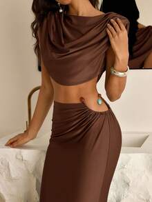 Vowa 2 件优雅棕色弹性针织宽肩垫深 V 领美人鱼长裙，带有性感激光切割金属珠饰，适合约会、度假、音乐会、毕业典礼、婚礼、下午茶、正式场合 - 棕色 - 查看 3