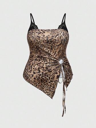 J-Fashion قميص نوم نسائي مقاس كبير مزين بالدانتيل مع حاشية غير متماثلة بطبعة نمر