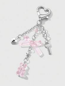 ROMWE Kawaii 1 chiếc móc khóa & móc chìa khóa bằng nhựa DIY hình trái tim rỗng, ngôi sao, cây, nơ, gấu bông bằng bạc tối giản, phụ kiện đa năng cho bé gái/phụ nữ, thích hợp để đeo hàng ngày hoặc làm quà tặng - Hồng - Xem 5