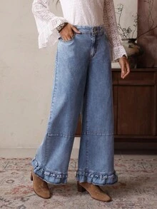 EMERY ROSE Women's Loose Casual Flared Jeans With Pockets And Ruffle Hem - Blue - View 4