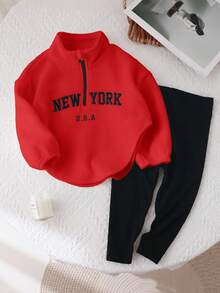 SHEIN Young Girl Cute Letter Printed Stand Collar Fluffy Top & Elastic Waist Long Pants Set Fall Winter - Red - View 7