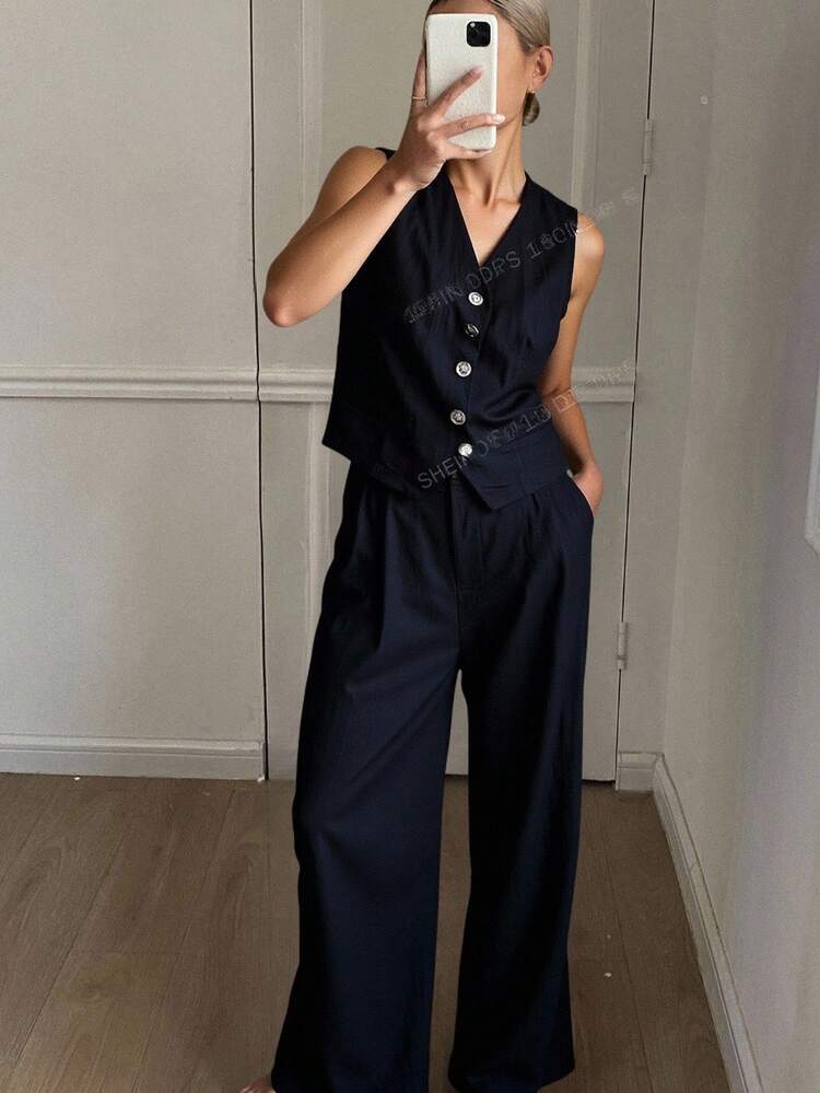 2pcs Women Casual Solid Color Front Button Sleeveless Top And Wide Leg Pants Set