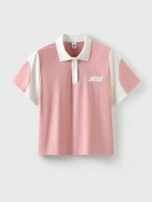 JNSQ Blusa suelta con cuello polo y bloques de color para niña preadolescente, de vuelta al colegio - Rosa - Ver 4
