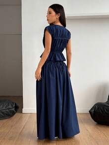 SHEIN PETITE Women's Solid Color Tie Front Ruffle Hem Top And Skirt 2 Pieces Set ,Petite Women - Navy Blue - View 2