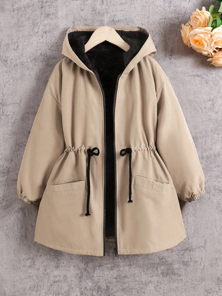 SHEIN Tween Girl Loose Casual Minimalist Comfortable Hooded Cinched Waist Contrast Zipper Decor Fleece Jacket, Autumn/Winter Fall - Khaki - View 1