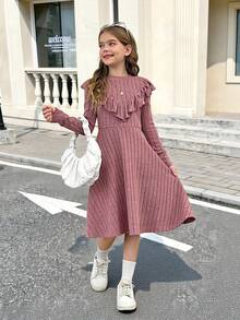 SHEIN 女童罗纹立领荷叶边腰部修身连衣裙