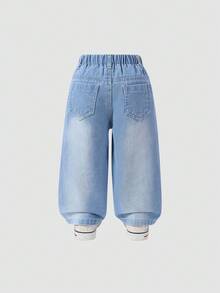 SHEIN Baby Girls' Wide Leg Jeans,Cute Pink 3D Bow Denim Pants For Summer,Graphic Loose Casual College Style,Fall Winter Jeans - Light Wash - View 2