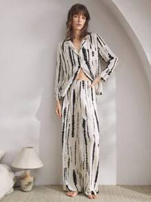 Ocili 舒适简约条纹女士睡衣套装，秋冬服装 - 黑與白 - 查看 2