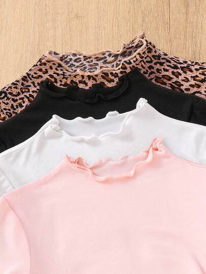 SHEIN Niña joven 4pcs/Set Camiseta de tela de punto con estampado de leopardo & unicolor rosa, cuello simulado con ribete de lechuga, uso casual versátil diario & escuela regreso a la escuela otoño