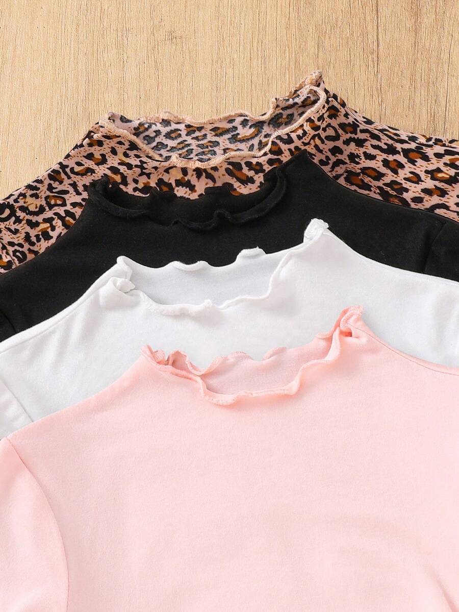 Emery Rose Kids Emery Rose Kids Tânără fată, preadolescentă, fată tânără, drăguță și frumoasă. Set 4 buc. Tricou tricotat cu imprimeu leopard și culoare solidă, guler fals, salată verde, versatil, excelent pentru ținute casual de zi cu zi și pentru școală în toamna și iarna, primăvara, înapoi la școală. - Multicolor - Vizualizare 1