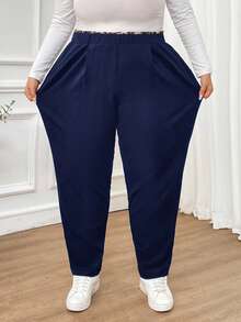 SHEIN CURVE+ Plus Size Women's Autumn And Winter Fashion Casual Comfortable Leopard Print Stitching Elastic Waist Pocket Black Pants,Women Bottom,Fall Women Clothes,Work Pants,Teacher Clothes,Curv Pants,Office Wear,Business Casual Women - Navy Blue - View 3