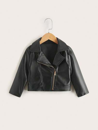 Tween Girl 时尚酷炫仿皮短夹克，长袖