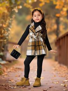 Emery Rose Kids Emery Rose Kids 3pcs/Set Young Girls Urban Fashion Plaid Jacket, Long Sleeve T-Shirt, Pants Set, Suitable For Casual Outings, Parties, Vacations And Other Occasions, Autumn/Winter Toddler Girl Birthday Girl Mommy And Me Matching Halloween Back To School Pink Autumn Fall Sister, Halloween Girls Checkered Outfit Girl Fall Winter Clothes Girls Fall Outfit Sets Girls Plaid Set Two Piece Kids Set Plaid Kids Winter Dresses - Khaki - View 10