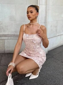 Glamine 性感亮片刺绣吊带紧身迷你连衣裙，夏季 - 粉色 - 查看 1