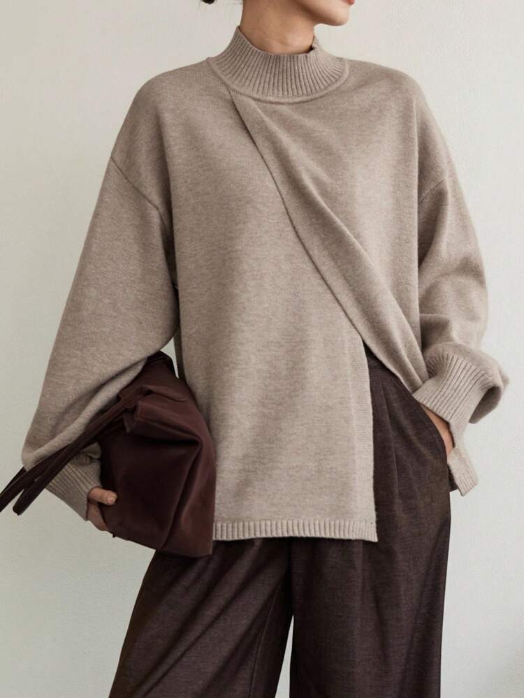 Women's Loose Business Casual Asymmetric Collar Pullover Sweater, Solid Color Simple Basic Top, Autumn/Winter